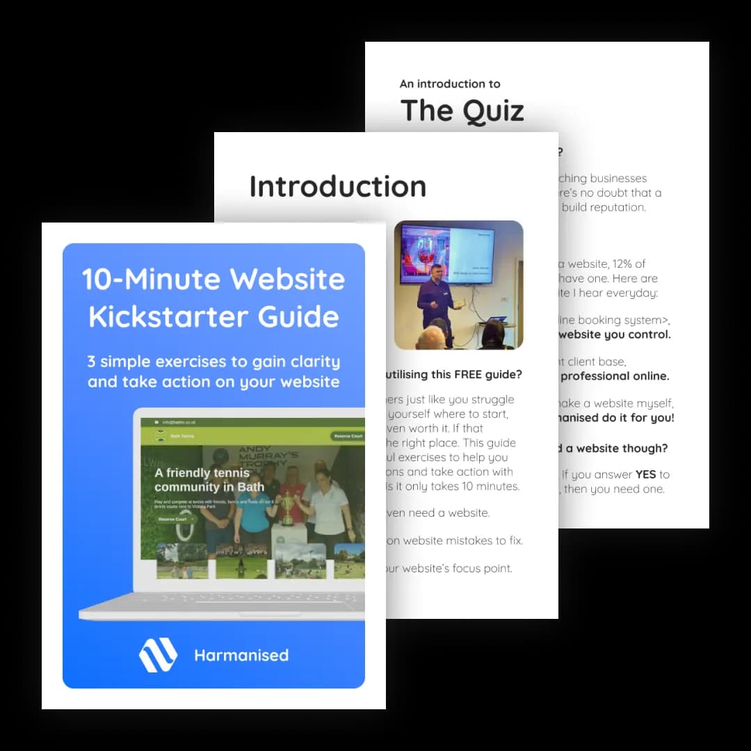 The front cover, main introduction, and introduction to the first exercise pages of the 10-Minute Website Kickstarter Guide booklet
